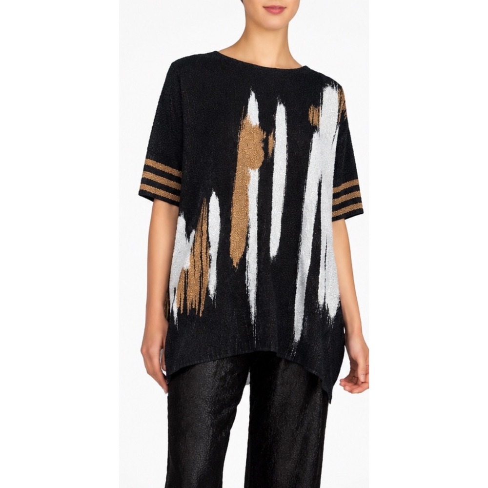 Berek Womens Splish Splash Black Gold Metallic Abstract Tunic Top Size Medium